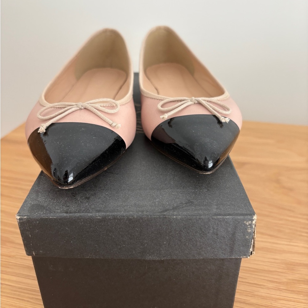 J. Crew Pink and Black Flats with Bow Detail